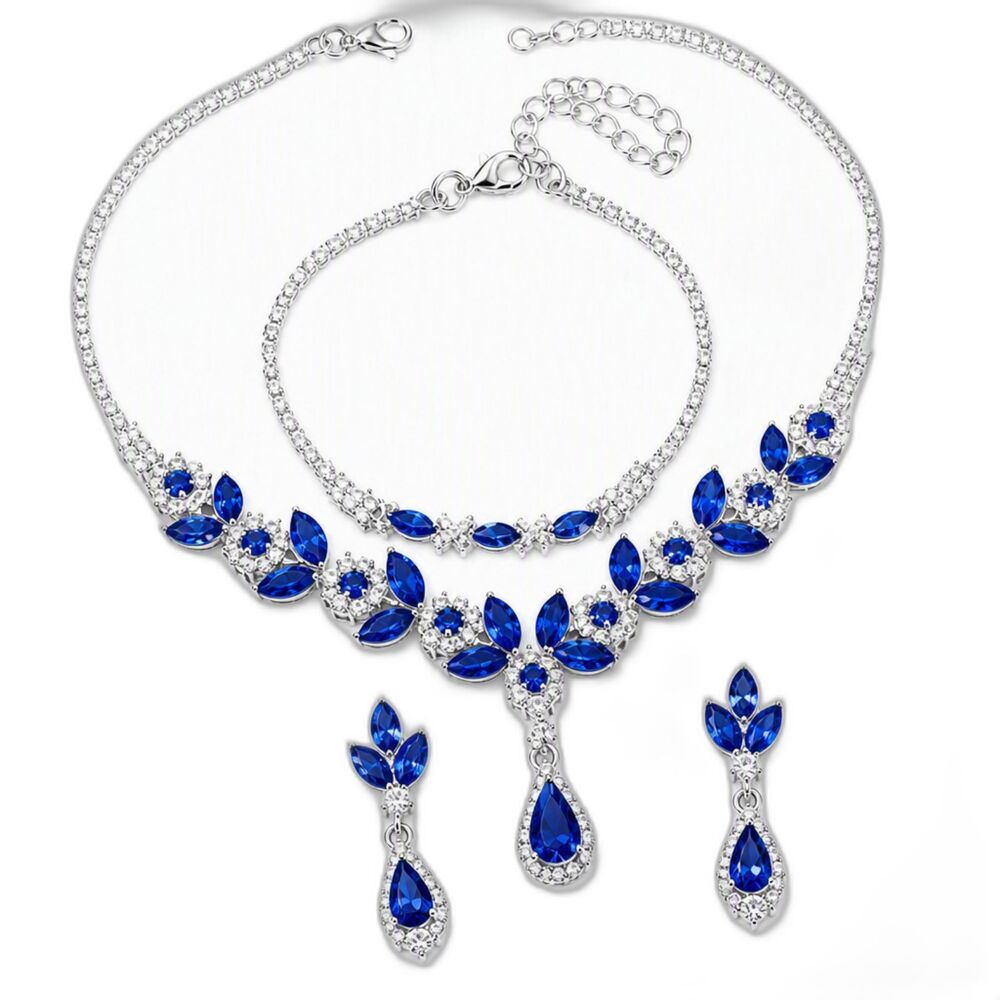 Silver Tone Metal Royal Blue Colorless Rhinestone Necklace Earrings Bracelet Set